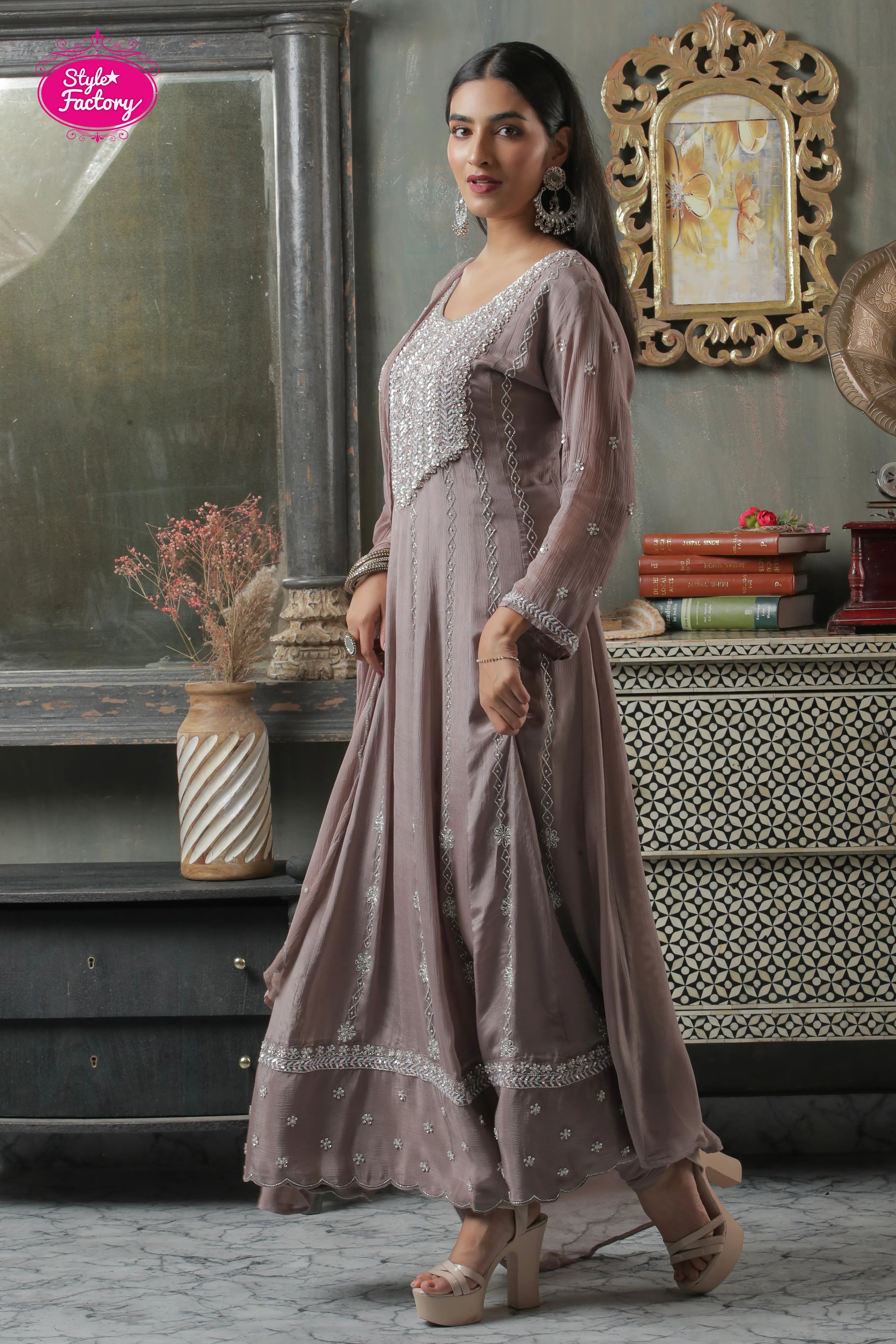 Mauve Embroidered Maxi Anarkali Gown
